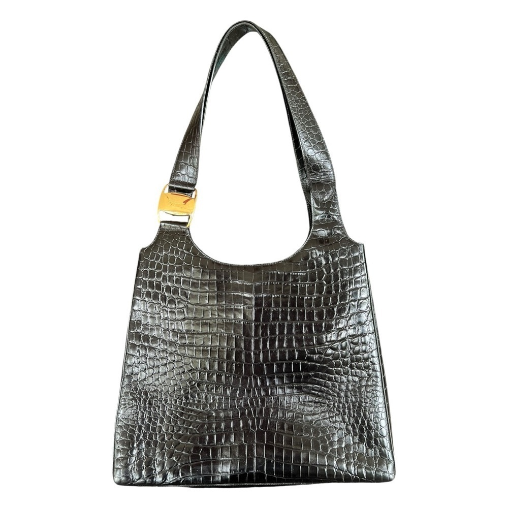 Salvatore Ferragamo Black Crocodile-Embossed Shoulder Bag